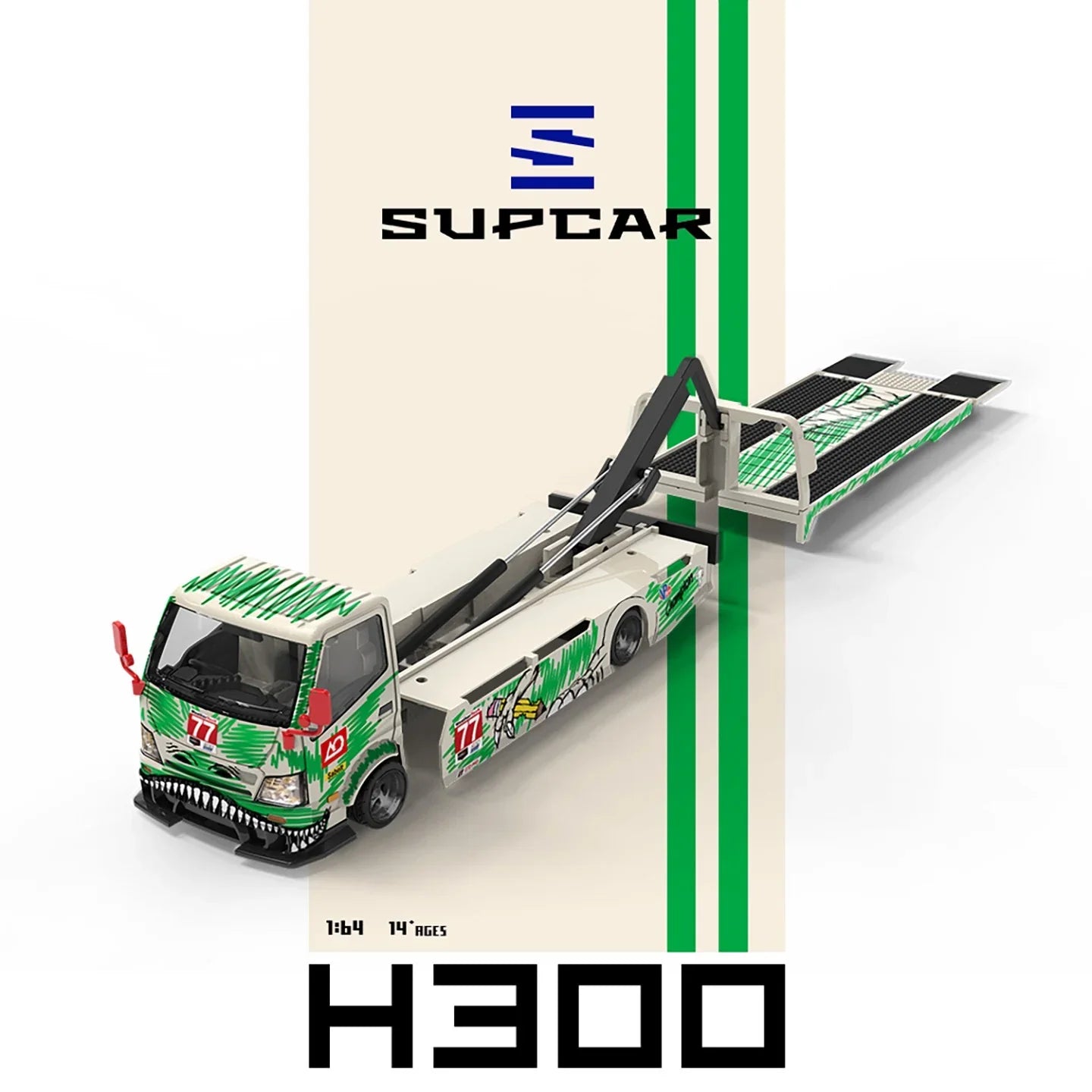 Premium scale diecast model car – *PRE-ORDER* SUPCAR H300 Flatbed Transport Trailer - Model 77 - White and Green Graffiti Green Dinosaur Painted, 1:64 Scale Collectible