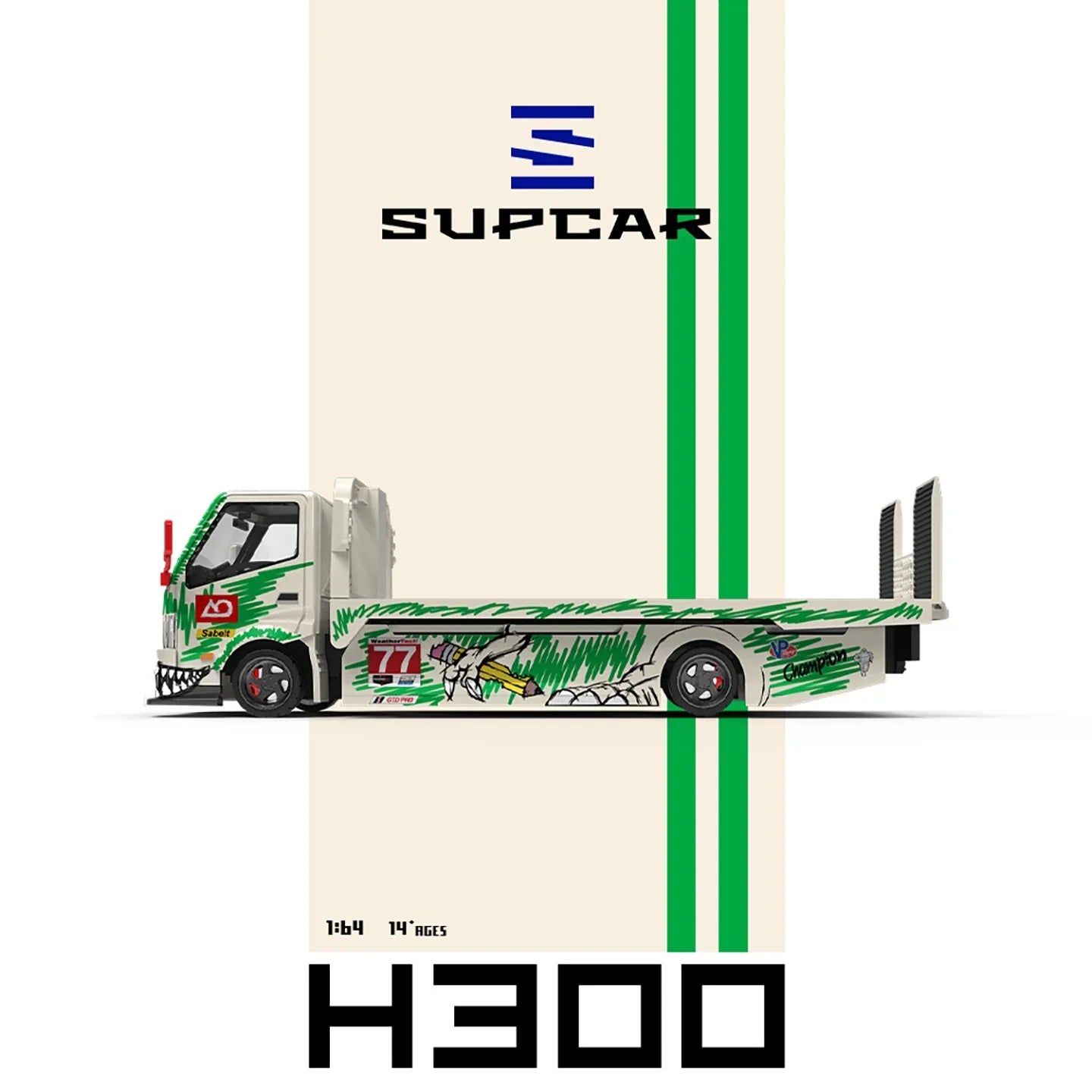 Premium scale diecast model car – *PRE-ORDER* SUPCAR H300 Flatbed Transport Trailer - Model 77 - White and Green Graffiti Green Dinosaur Painted, 1:64 Scale Collectible