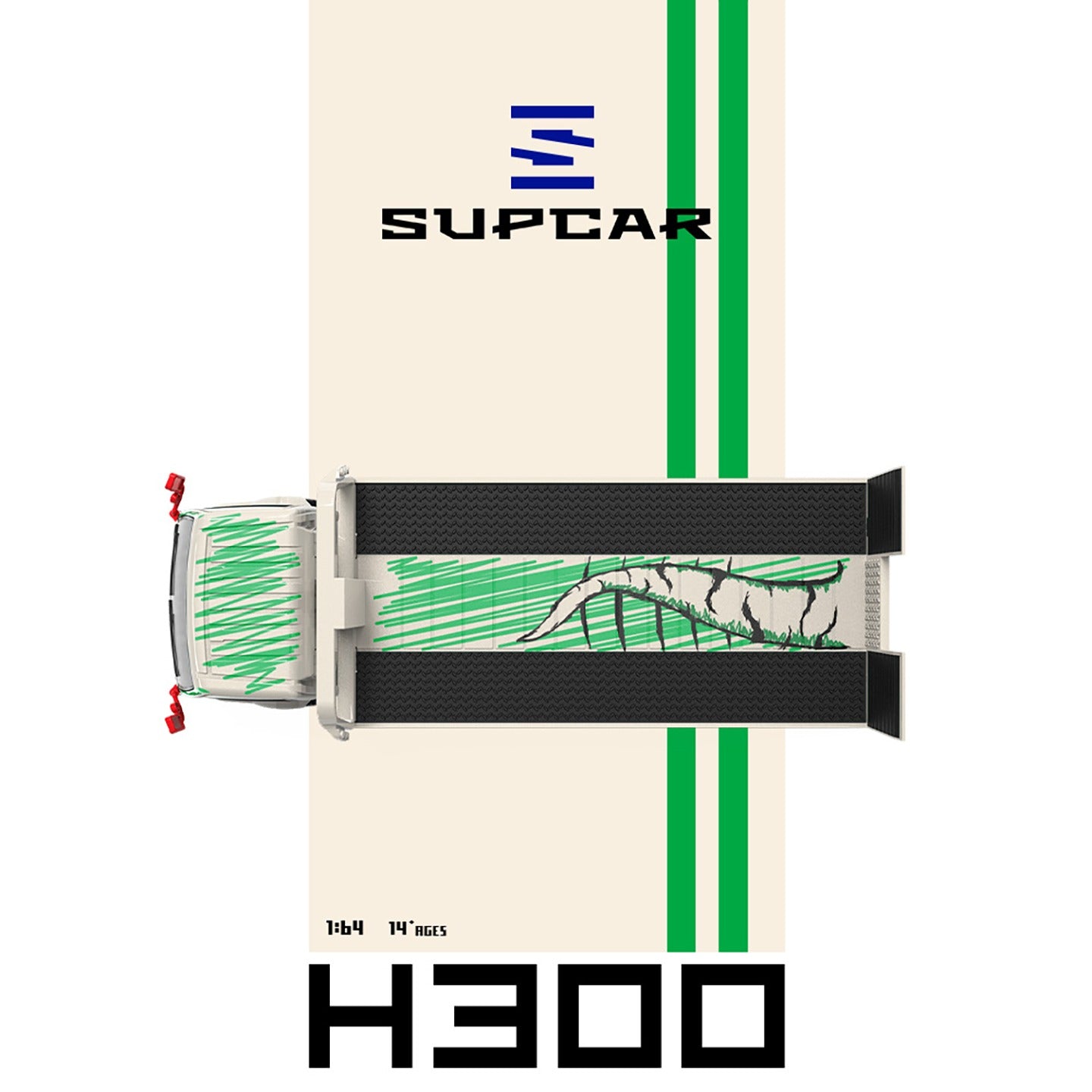 *PRE-ORDER* SUPCAR H300 Flatbed Transport Trailer - Model 77 - White and Green Graffiti Green Dinosaur Painted, 1:64 Scale