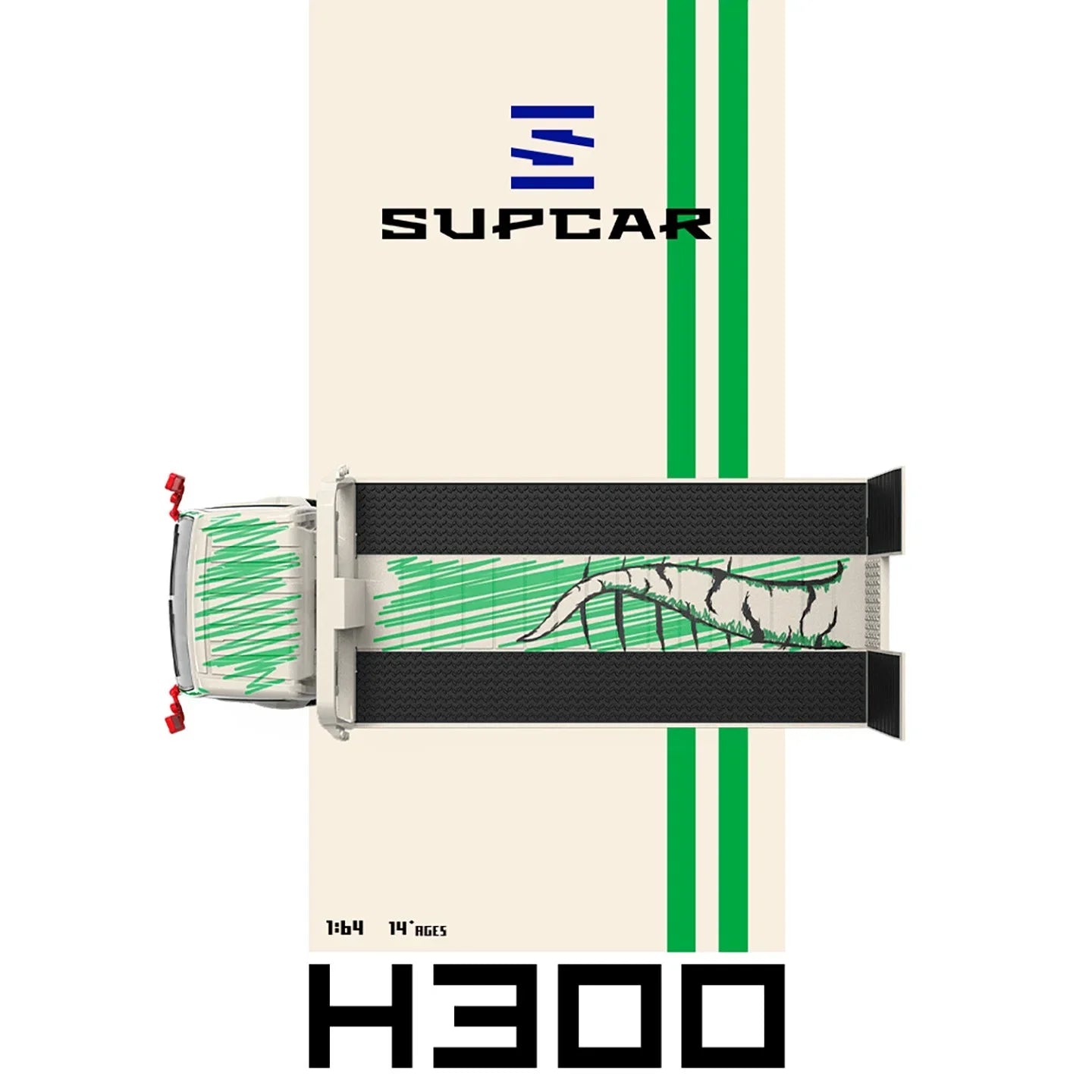 Premium scale diecast model car – *PRE-ORDER* SUPCAR H300 Flatbed Transport Trailer - Model 77 - White and Green Graffiti Green Dinosaur Painted, 1:64 Scale Collectible