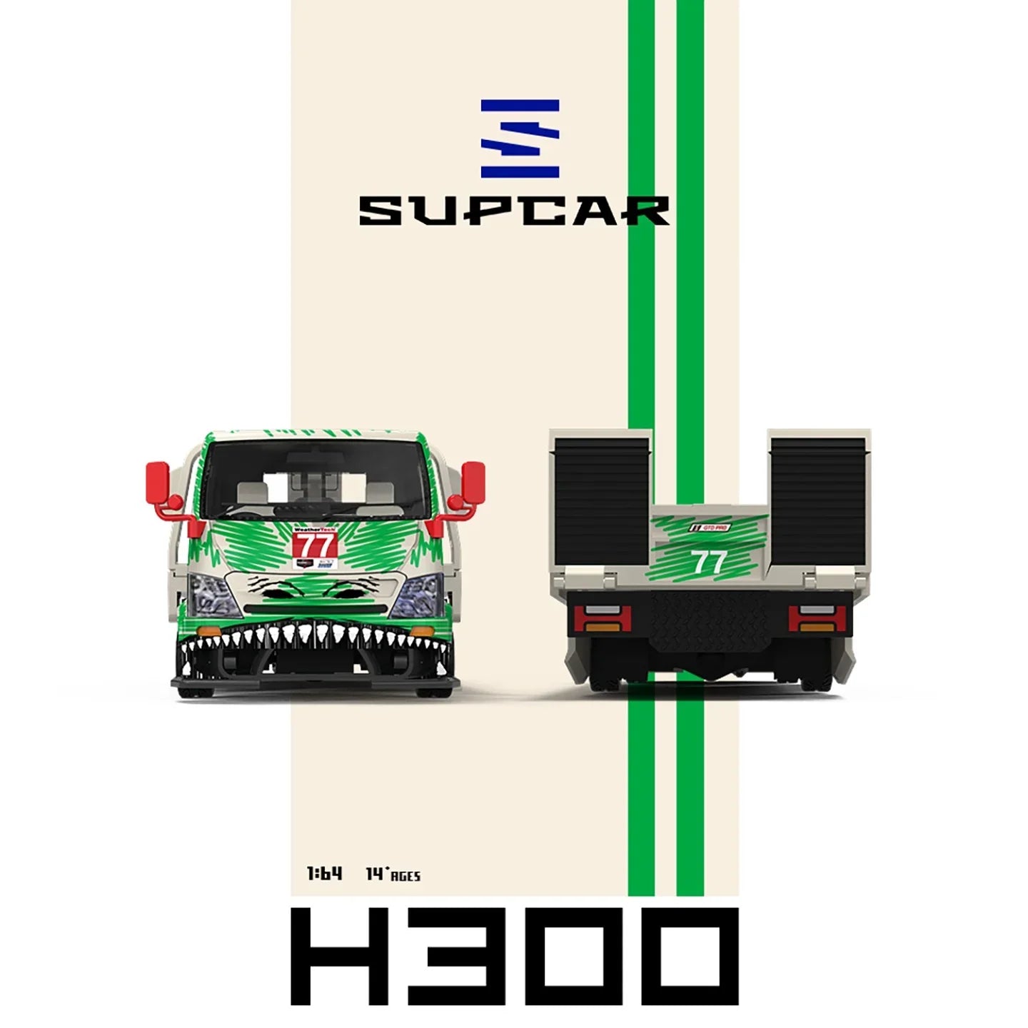 Premium scale diecast model car – *PRE-ORDER* SUPCAR H300 Flatbed Transport Trailer - Model 77 - White and Green Graffiti Green Dinosaur Painted, 1:64 Scale Collectible