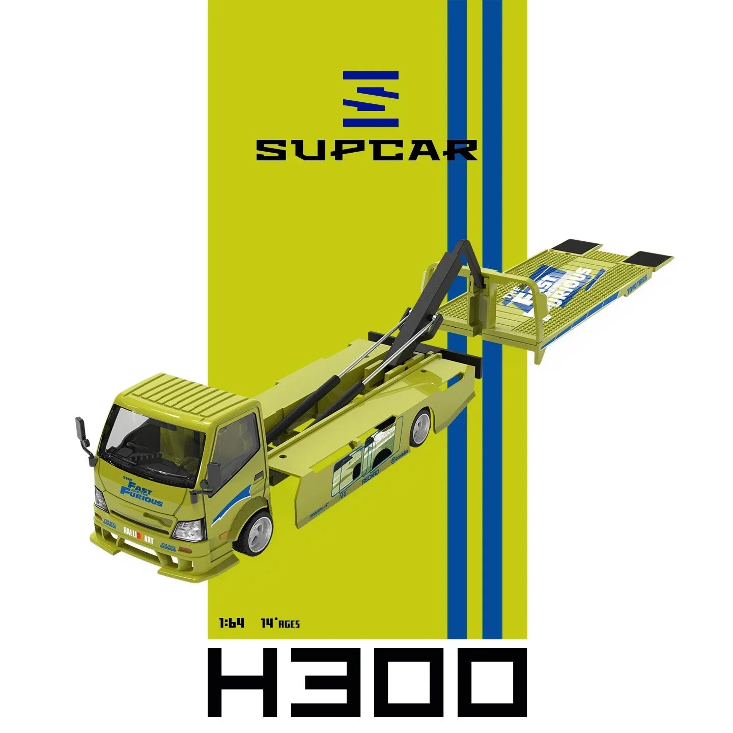 Premium scale diecast model car – *PRE-ORDER* SUPCAR 1:64 H300 Flatbed Transport Trailer - Fast and Furious Lime Yellow Painted, 1:64 Scale Collectible