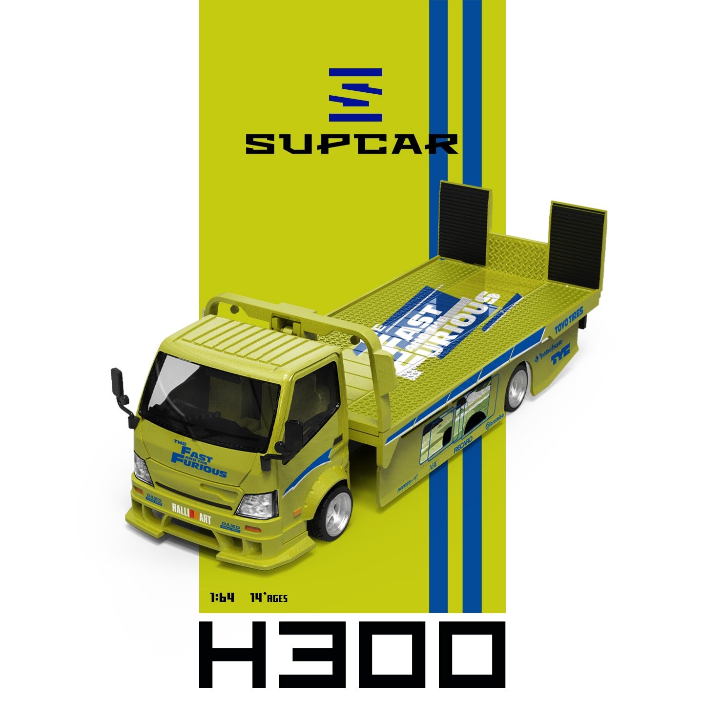 *PRE-ORDER* SUPCAR 1:64 H300 Flatbed Transport Trailer - Fast and Furious Lime Yellow Painted, 1:64 Scale