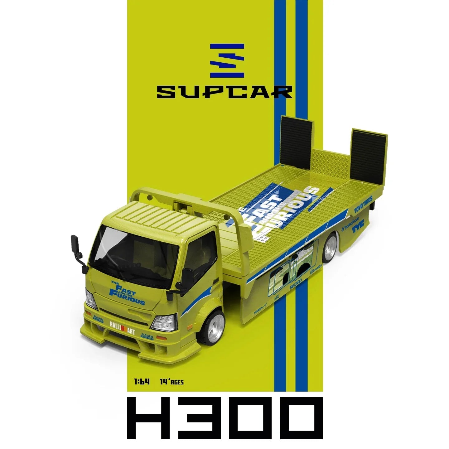 Premium scale diecast model car – *PRE-ORDER* SUPCAR 1:64 H300 Flatbed Transport Trailer - Fast and Furious Lime Yellow Painted, 1:64 Scale Collectible