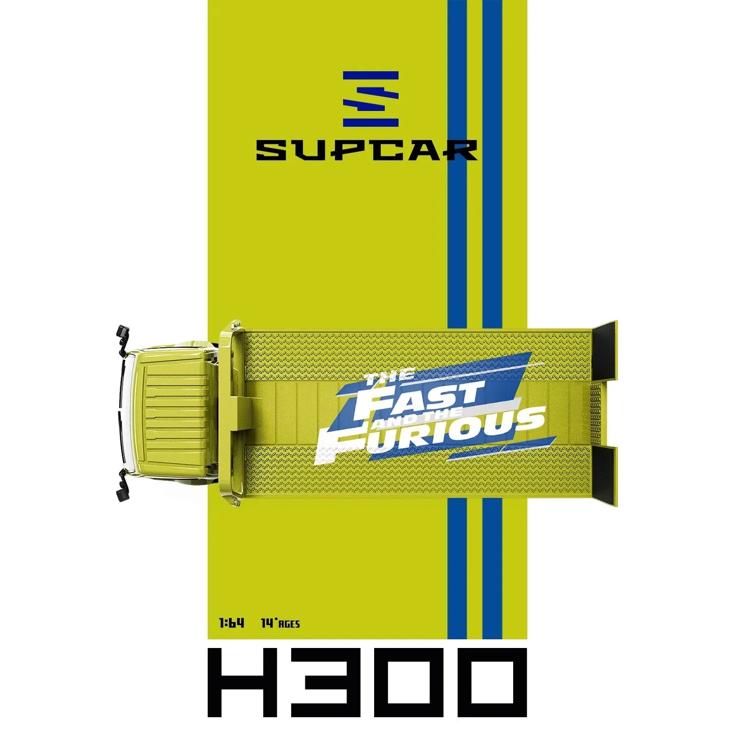 Premium scale diecast model car – *PRE-ORDER* SUPCAR 1:64 H300 Flatbed Transport Trailer - Fast and Furious Lime Yellow Painted, 1:64 Scale Collectible
