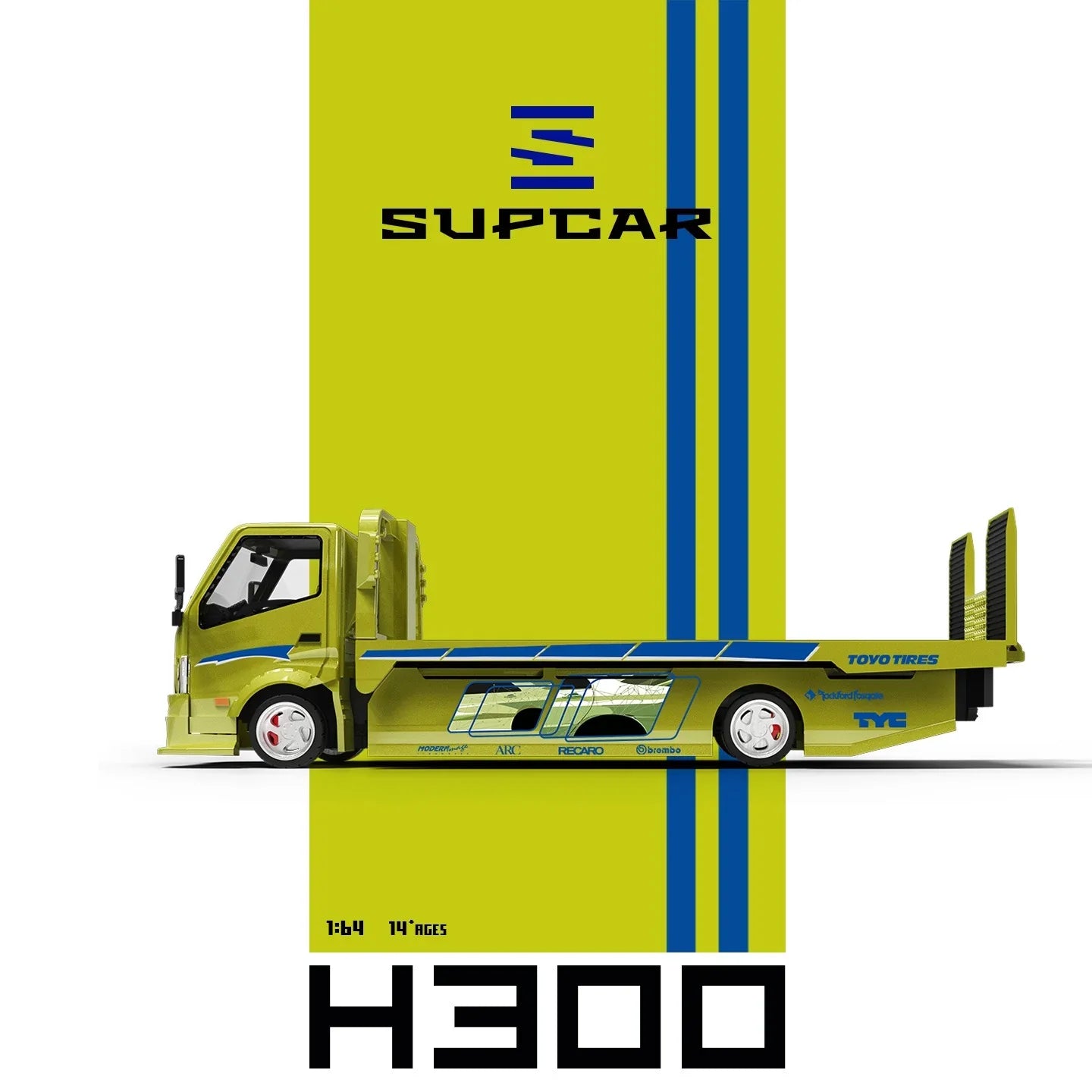Premium scale diecast model car – *PRE-ORDER* SUPCAR 1:64 H300 Flatbed Transport Trailer - Fast and Furious Lime Yellow Painted, 1:64 Scale Collectible