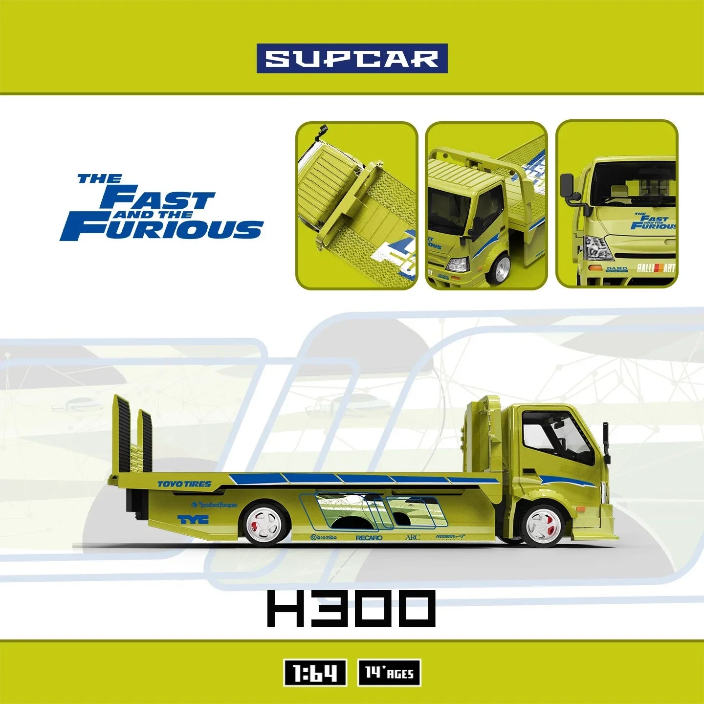Premium scale diecast model car – *PRE-ORDER* SUPCAR 1:64 H300 Flatbed Transport Trailer - Fast and Furious Lime Yellow Painted, 1:64 Scale Collectible