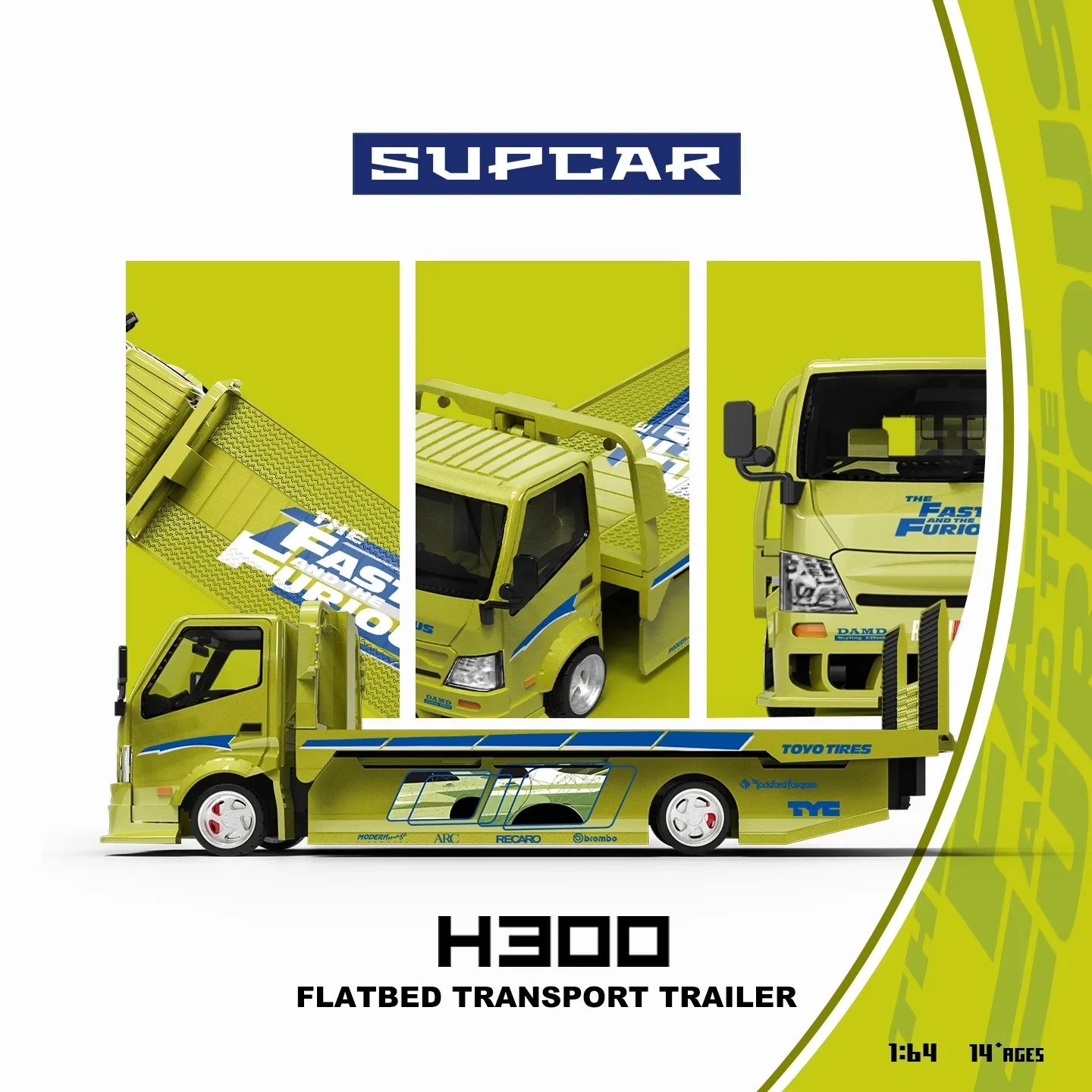 Premium scale diecast model car – *PRE-ORDER* SUPCAR 1:64 H300 Flatbed Transport Trailer - Fast and Furious Lime Yellow Painted, 1:64 Scale Collectible