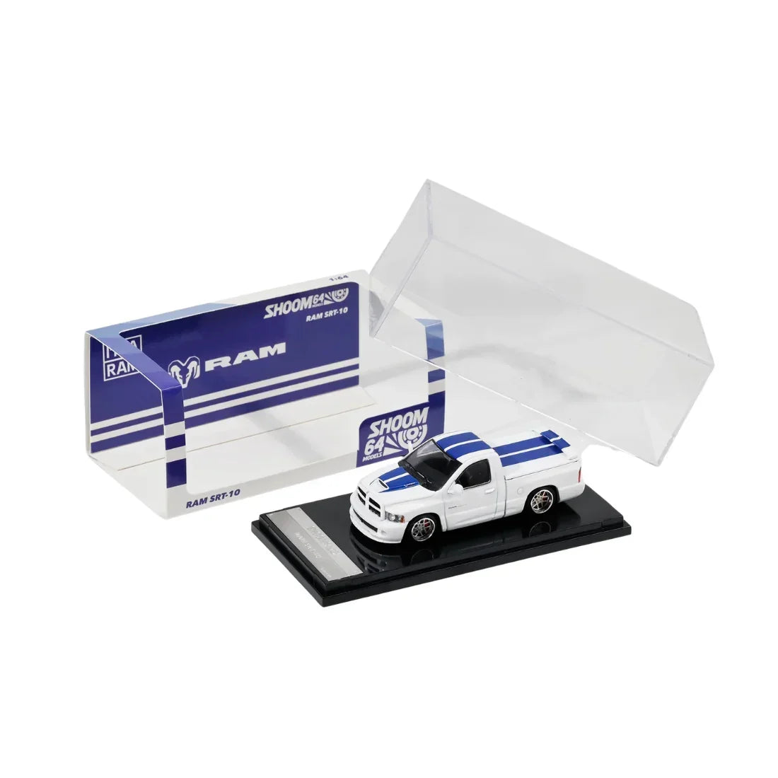 Premium scale diecast model car – *PRE-ORDER* Dodge Ram SRT-10 (2003), 1:64 Scale (White with Blue Stripes) Collectible