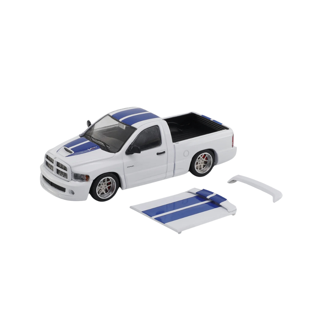 Premium scale diecast model car – *PRE-ORDER* Dodge Ram SRT-10 (2003), 1:64 Scale (White with Blue Stripes) Collectible