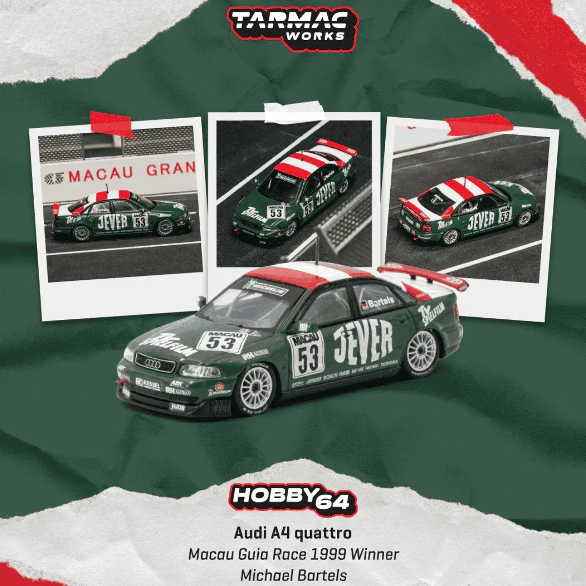 Premium scale diecast model car – *PRE-ORDER* Audi A4 Quattro Macau Guia Race 1999 Winner Michael Bartels, 1:64 Scale Collectible
