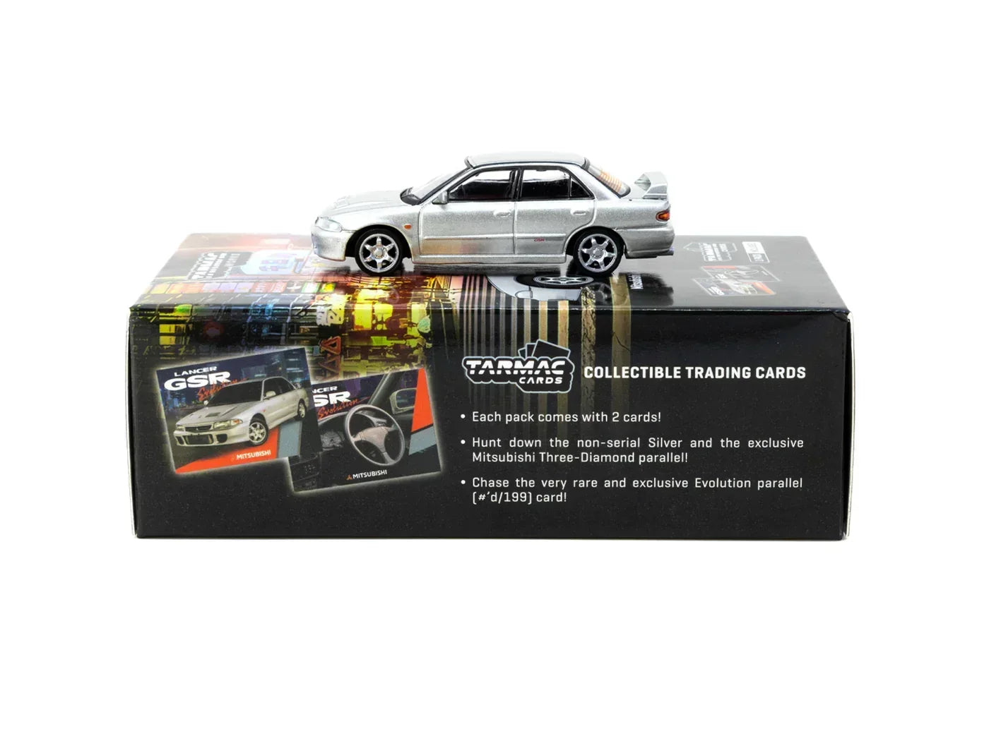 Premium scale diecast model car – Mitsubishi Lancer GSR Evolution with Tarmac Cards - Global64, 1:64 Scale (Silver) Collectible