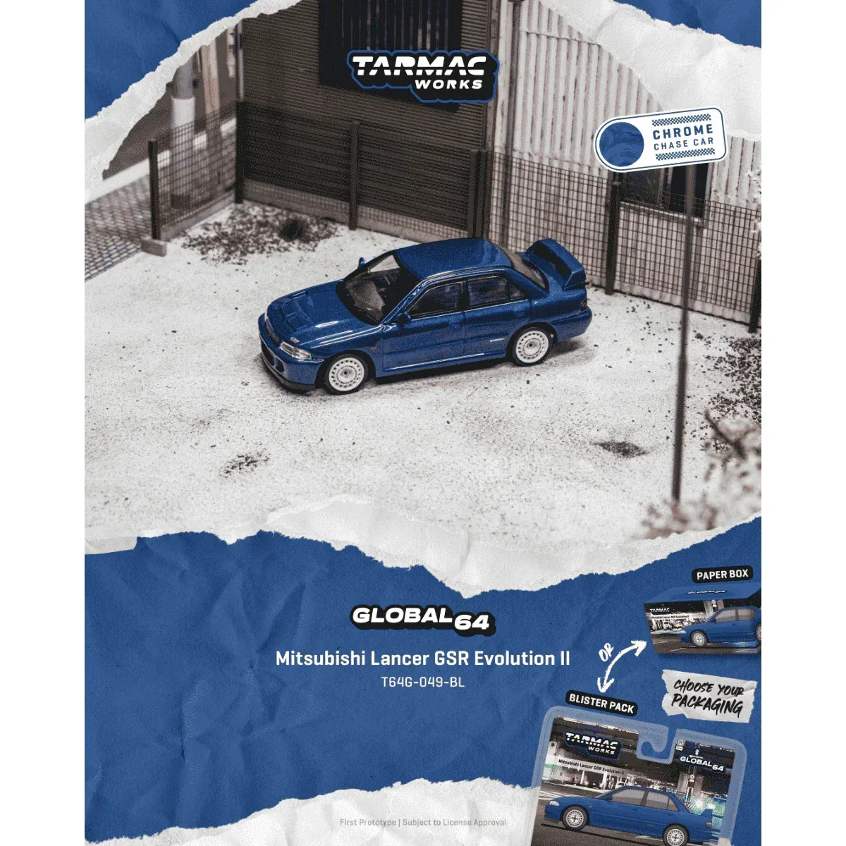 Premium scale diecast model car – *PRE-ORDER* Mitsubishi Lancer GSR Evolution II Chance of Chase Car, 1:64 Scale (Blue) Collectible