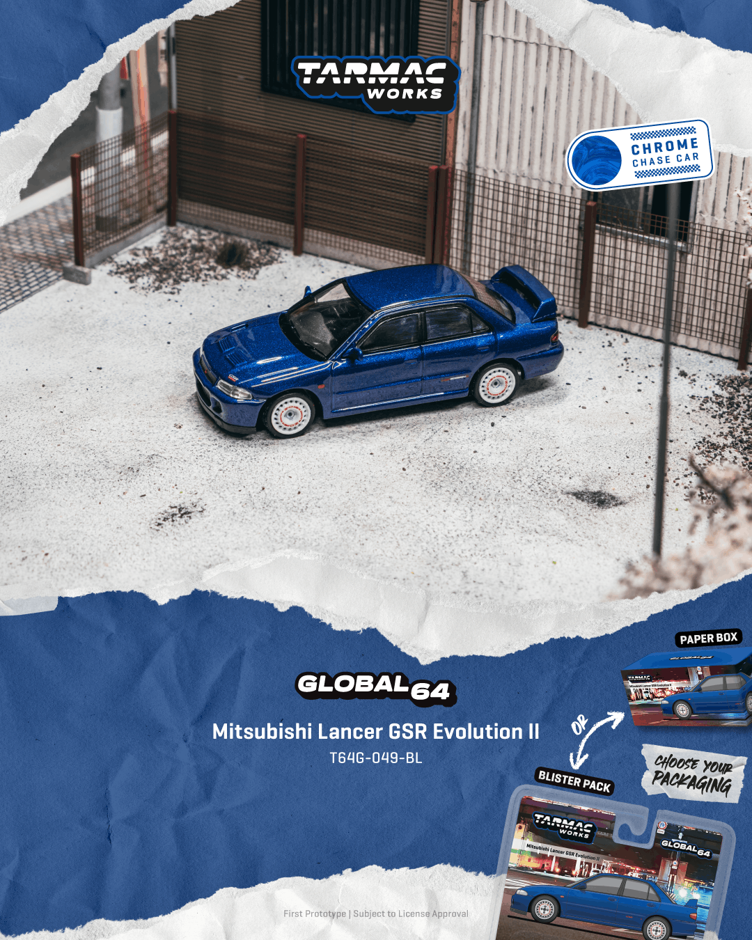*PRE-ORDER* Mitsubishi Lancer GSR Evolution II Chance of Chase Car, 1:64 Scale (Blue) Blister Pack