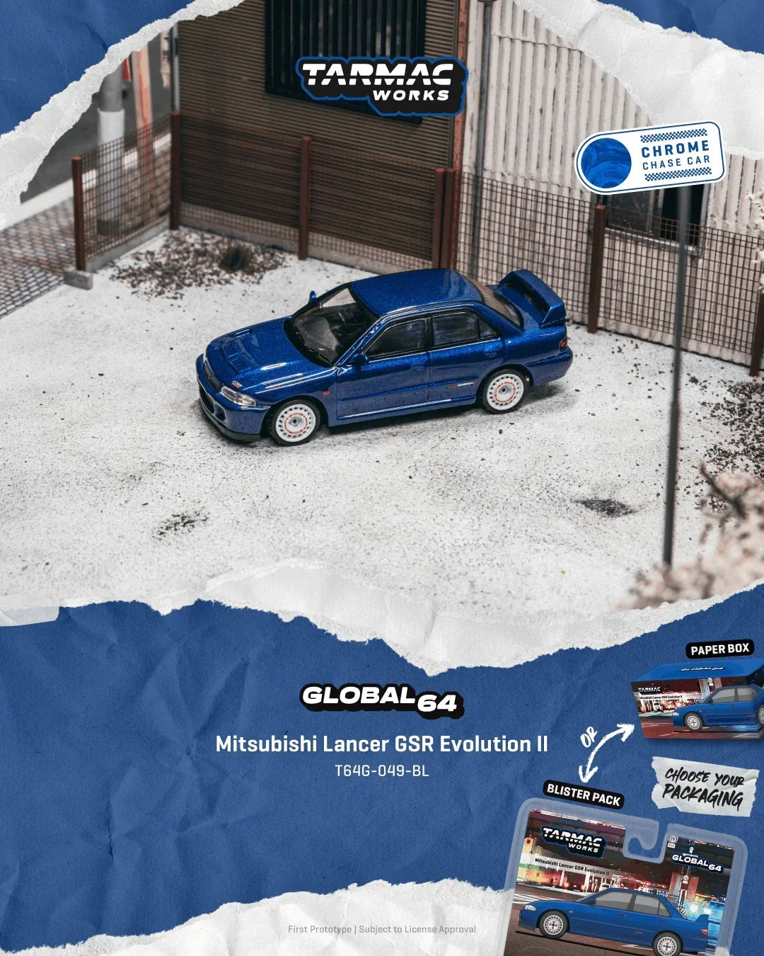 Premium scale diecast model car – *PRE-ORDER* Mitsubishi Lancer GSR Evolution II Chance of Chase Car, 1:64 Scale (Blue) Blister Pack Collectible