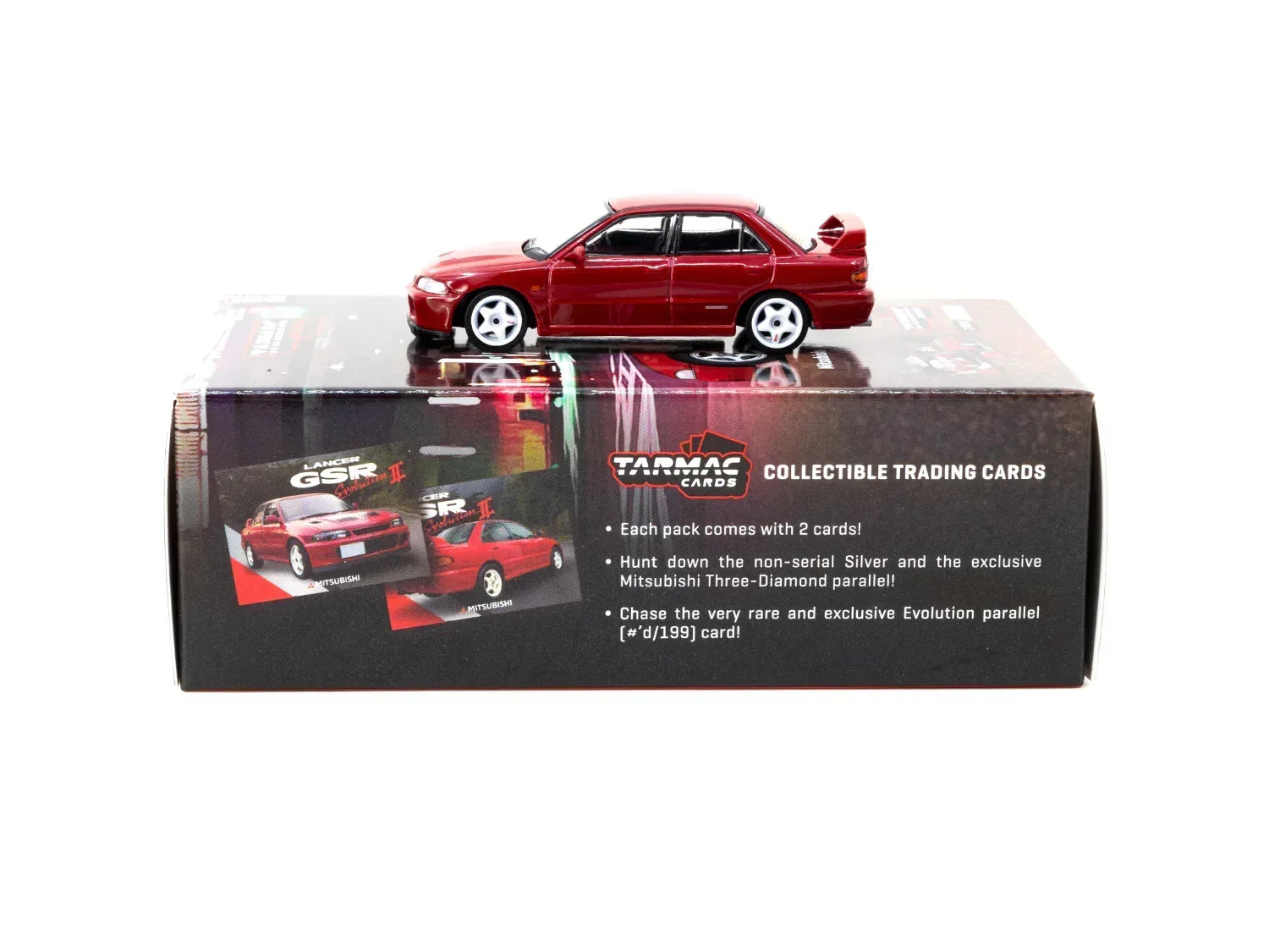 Premium scale diecast model car – Mitsubishi Lancer GSR Evolution II with Tarmac Cards - Global64, 1:64 Scale (Red) Collectible