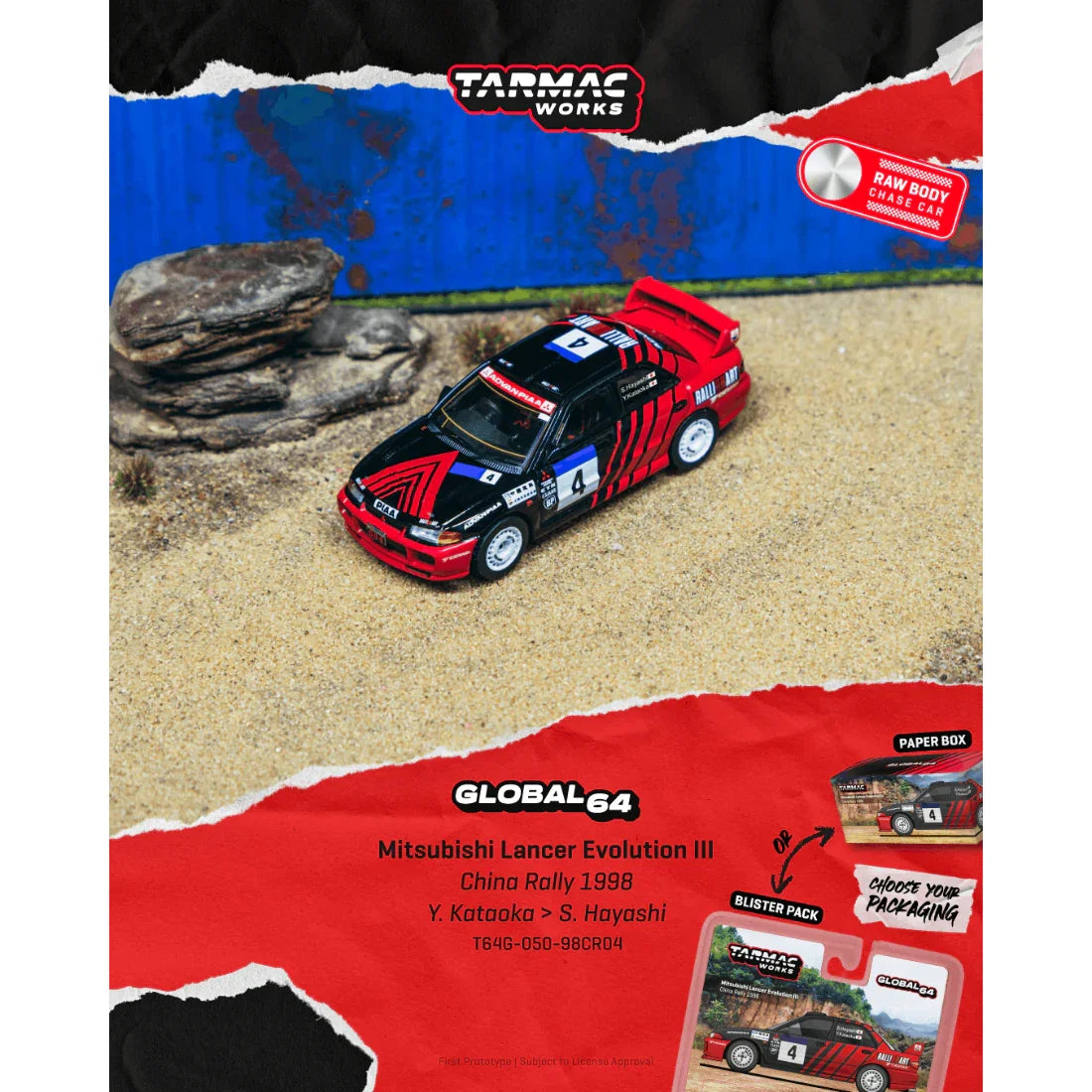 Premium scale diecast model car – *PRE-ORDER* Mitsubishi Lancer Evolution III China Rally Yoshihiro Kataoka / Satoshi Hayashi (Chance of Chase Car) 1998, 1:64 Scale Collectible