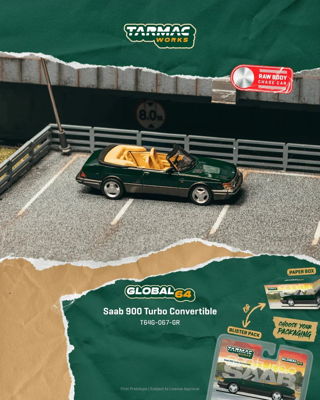 Premium scale diecast model car – *PRE-ORDER* Saab 900 Turbo Convertible Chance of Chase Car, 1:64 Scale (Green) Collectible