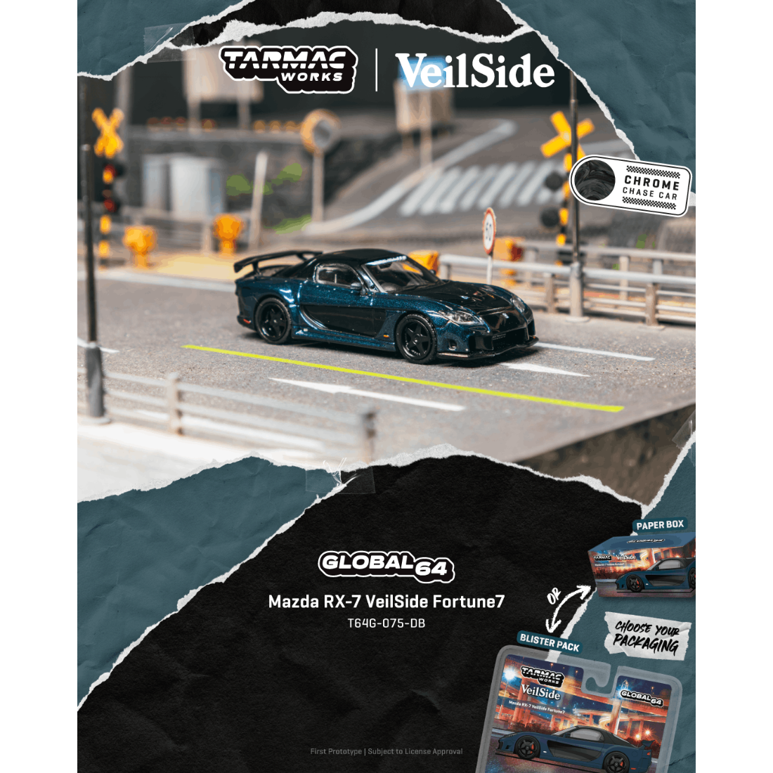 *PRE-ORDER* Mazda RX-7 VeilSide Fortune7 Chance of Chase Car, 1:64 Scale (Dark Blue / Black)