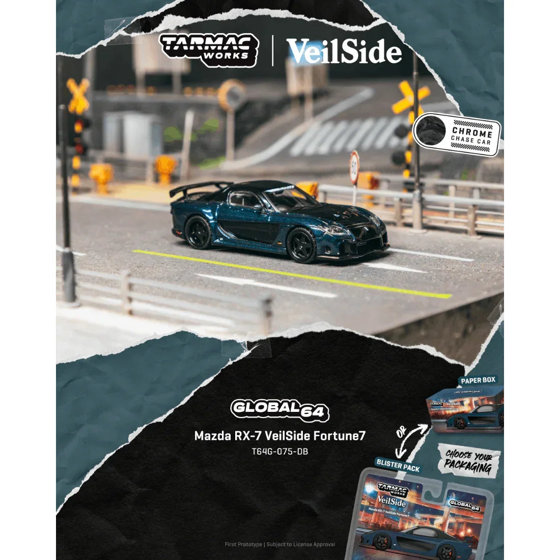 Premium scale diecast model car – *PRE-ORDER* Mazda RX-7 VeilSide Fortune7 Chance of Chase Car, 1:64 Scale (Dark Blue / Black) Collectible