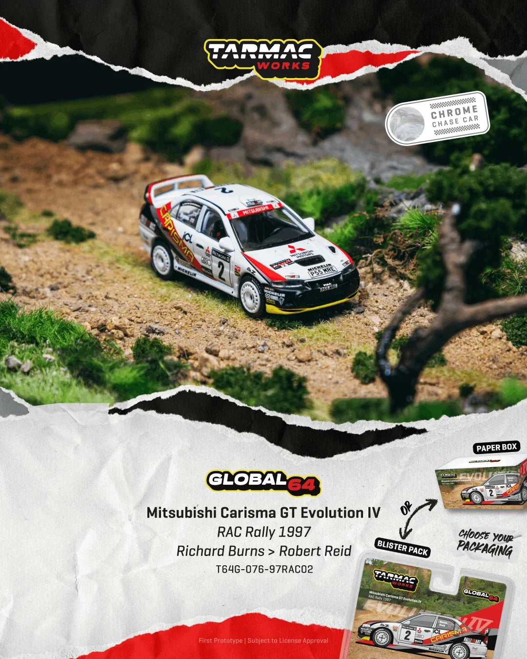 Premium scale diecast model car – *PRE-ORDER* Mitsubishi Carisma GT Evolution IV RAC Rally 1997 (Chance of Chase Car), 1:64 Scale Collectible