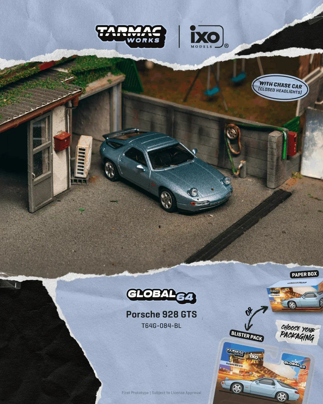 Premium scale diecast model car – *PRE-ORDER* X iXO Models Porsche 928 GTS Chance of Chase Car with Closed Head-Light, 1:64 Scale (Blue Metallic) Collectible