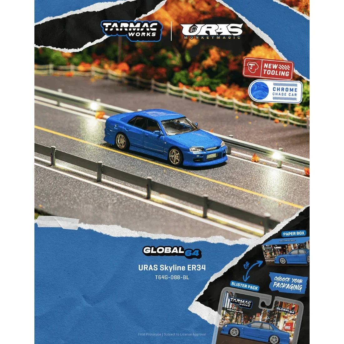 Premium scale diecast model car – *PRE-ORDER* URAS Skyline ER34 Chance of Chase Car, 1:64 Scale (Blue) Collectible