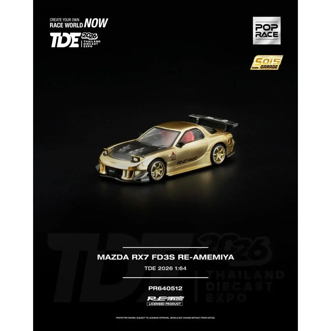 Premium scale diecast model car – *TDE 2026* Mazda RX-7 FD3S RE-Amemiya with Carbon Fiber Hood (Open Hood with Engine Details), 1:64 Scale Collectible