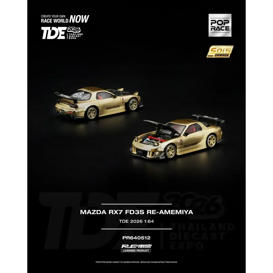 Premium scale diecast model car – *TDE 2026* Mazda RX-7 FD3S RE-Amemiya with Carbon Fiber Hood (Open Hood with Engine Details), 1:64 Scale Collectible