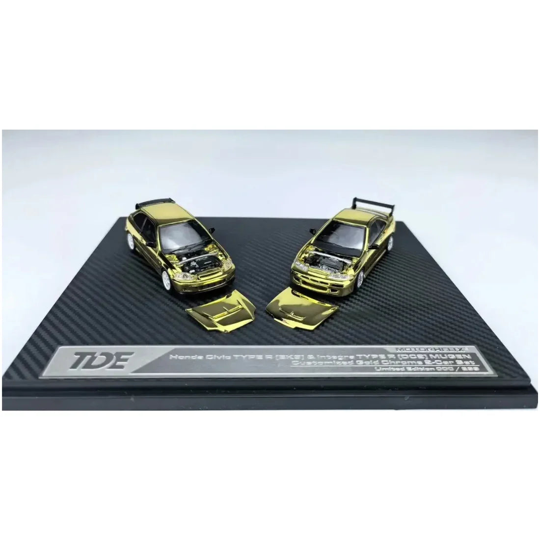 Premium scale diecast model car – *TDE 2026* Honda Civic Type R (EK9) & Integra Type R (Mugen) Twin Set (Limited to 299 Sets), 1:64 Scale (Gold Chrome) Collectible