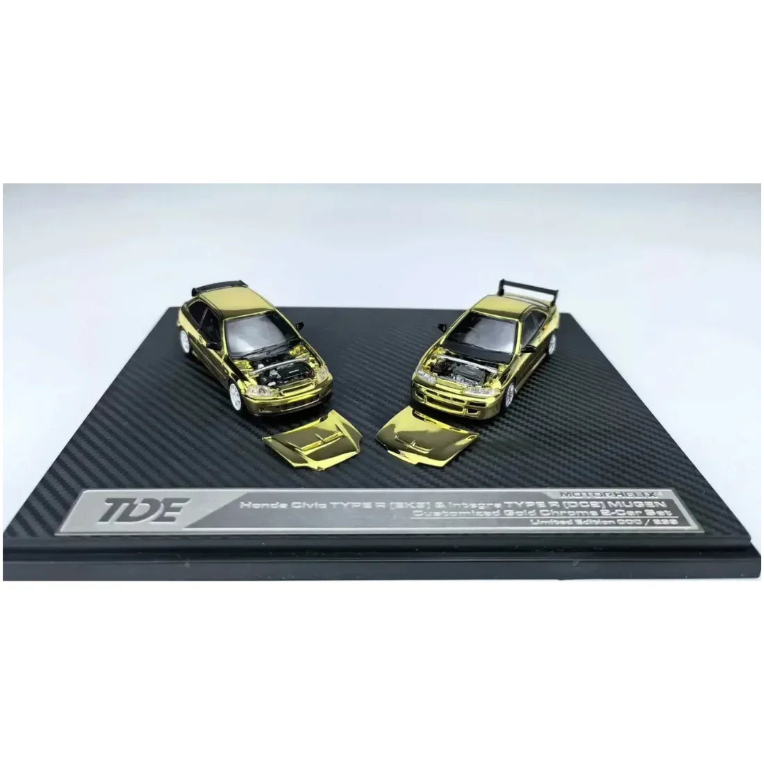 Premium scale diecast model car – *TDE 2026* Honda Civic Type R (EK9) & Integra Type R (Mugen) Twin Set (Limited to 299 Sets), 1:64 Scale (Gold Chrome) Collectible