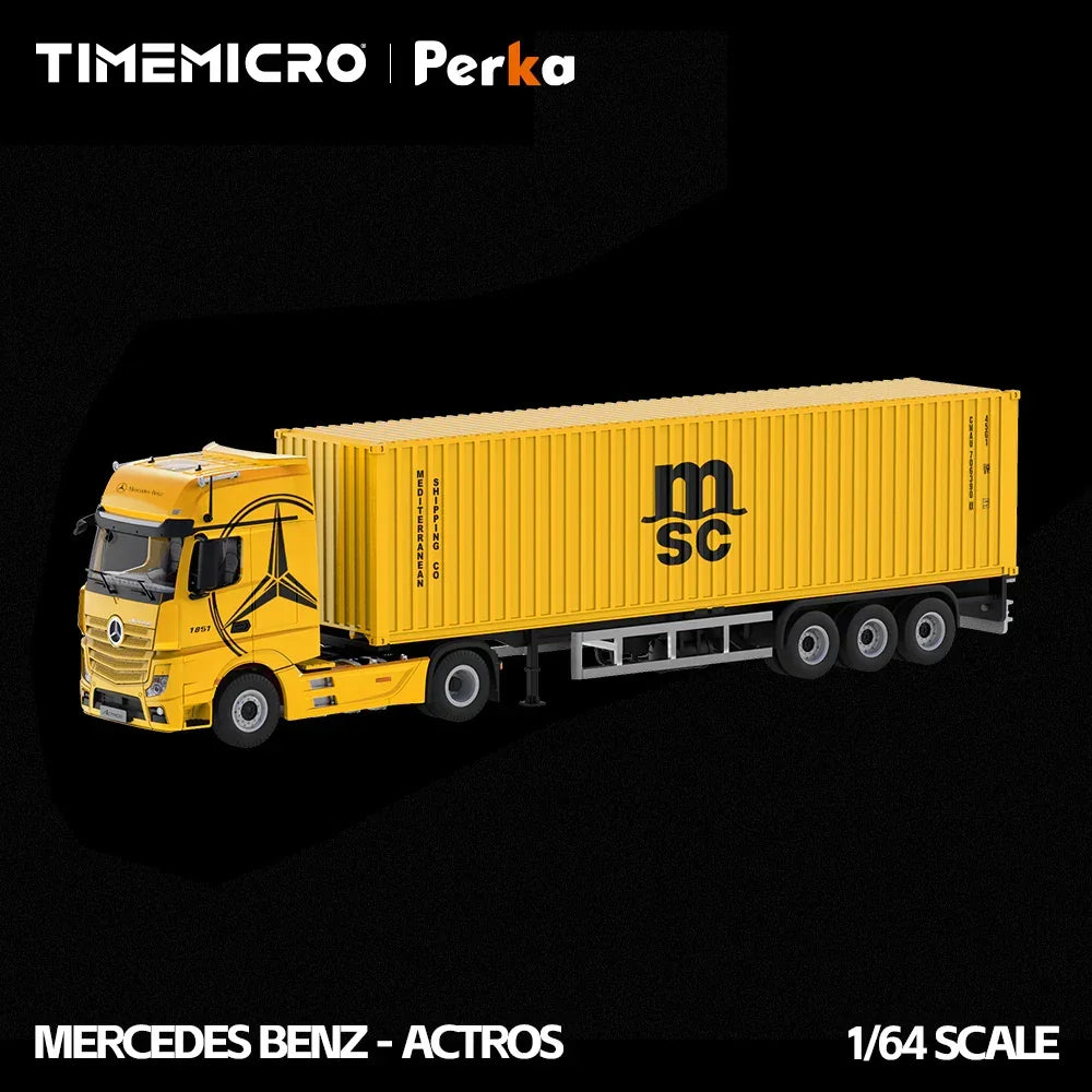 Premium scale diecast model car – *PRE-ORDER* Mercedes-Benz Actros Container Truck, 1:64 Scale (Bright Yellow) Collectible