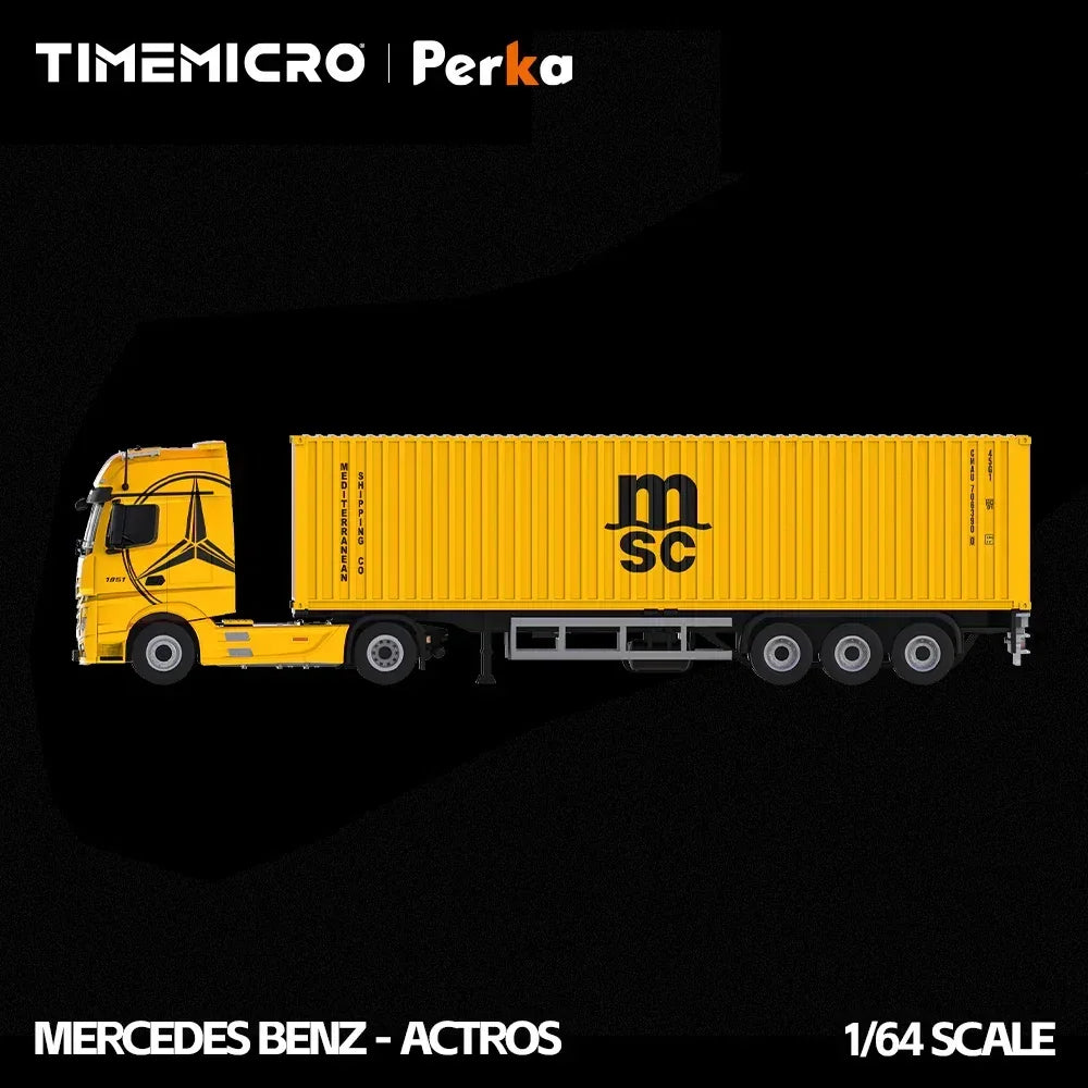 Premium scale diecast model car – *PRE-ORDER* Mercedes-Benz Actros Container Truck, 1:64 Scale (Bright Yellow) Collectible