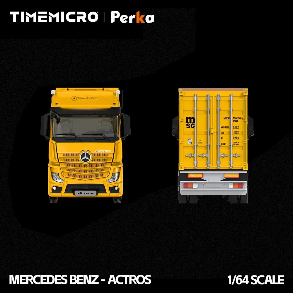 Premium scale diecast model car – *PRE-ORDER* Mercedes-Benz Actros Container Truck, 1:64 Scale (Bright Yellow) Collectible