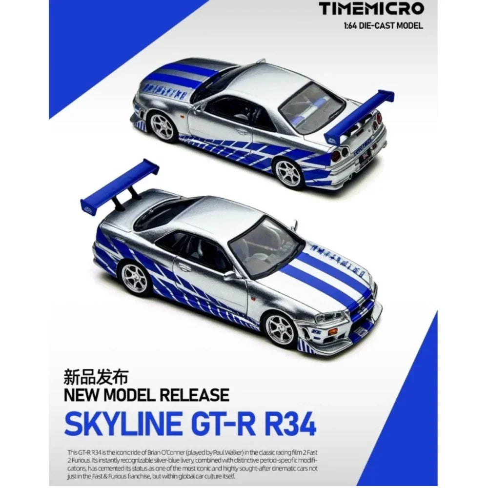 Premium scale diecast model car – Nissan Skyline GT-R R34 FNF, 1:64 Scale (Silver/ Blue) Collectible