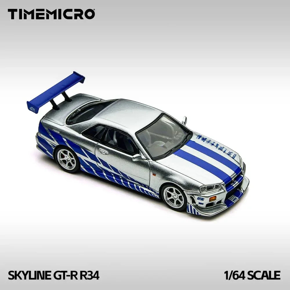 Premium scale diecast model car – Nissan Skyline GT-R R34 FNF, 1:64 Scale (Silver/ Blue) Collectible