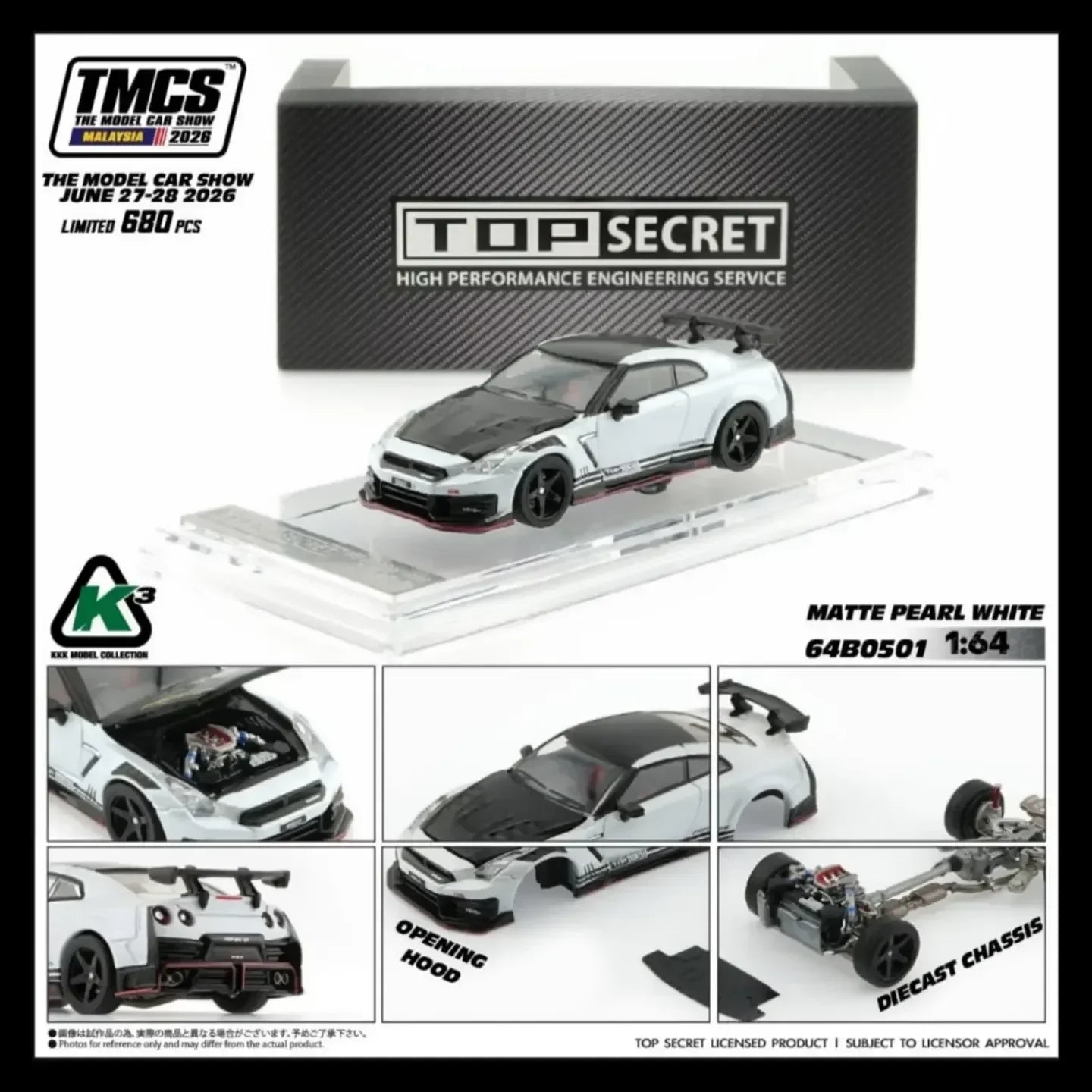 Premium scale diecast model car – *TMCS 2026* Top Secret 35GT-R White Pearl Matte with Carbon Bonnet, 1:64 Scale Collectible