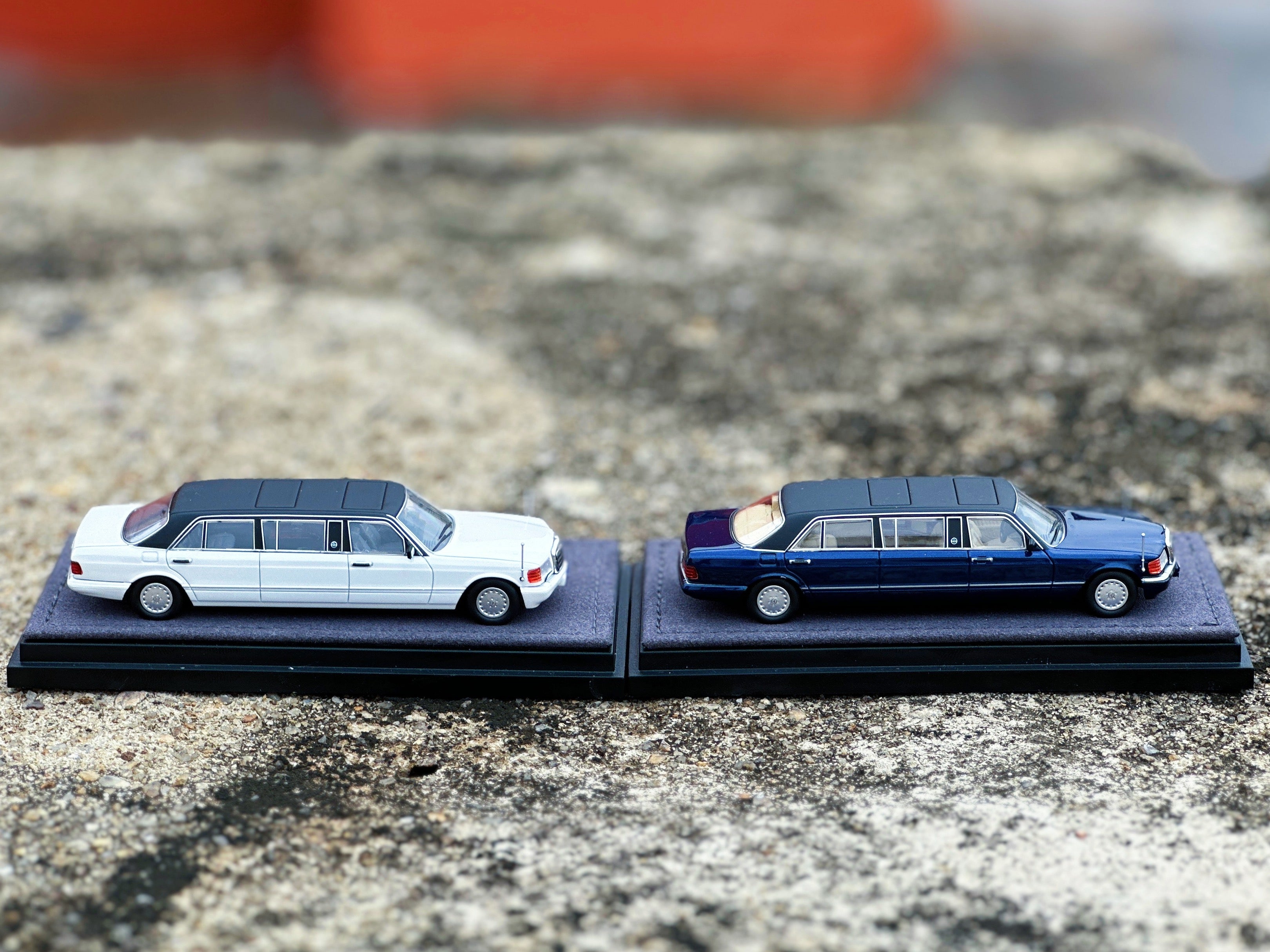 Premium scale diecast model car – *HEC 2026* Mercedes S-Class W126 44" Limosine Trasco 1000SEL, 1:64 Scale (White) Collectible