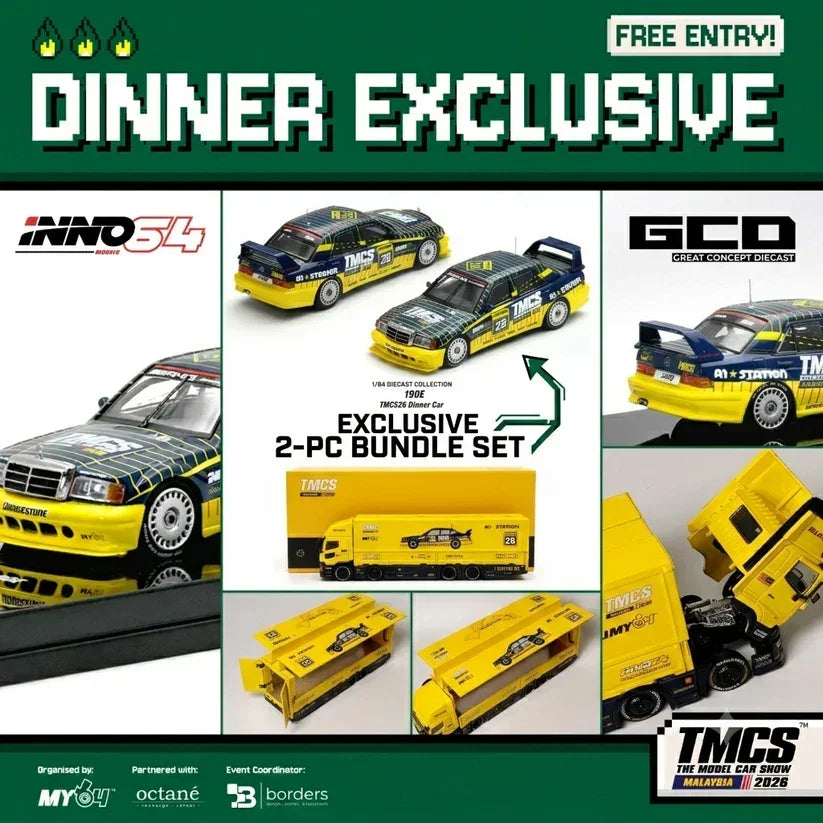 Premium scale diecast model car – *TMCS 2026* Liberty Walk Hino Profia 2018 (Limited 350 Sets) & Mercedes Benz 190E A1-Station Collectible