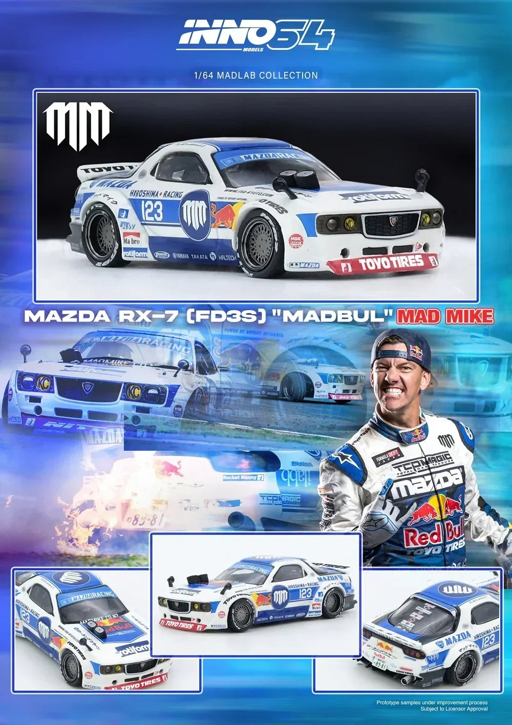 Premium scale diecast model car – *PRE-ORDER* Mazda RX7 (FD3S) "Pandem Rocket Bunny" Madbul Madlab Collection 001, 1:64 Scale Collectible