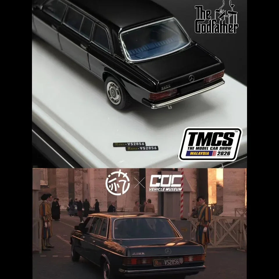 Premium scale diecast model car – Mercedes Benz W123 LIMO - The Godfather Edition, 1:64 Scale (Black) Collectible