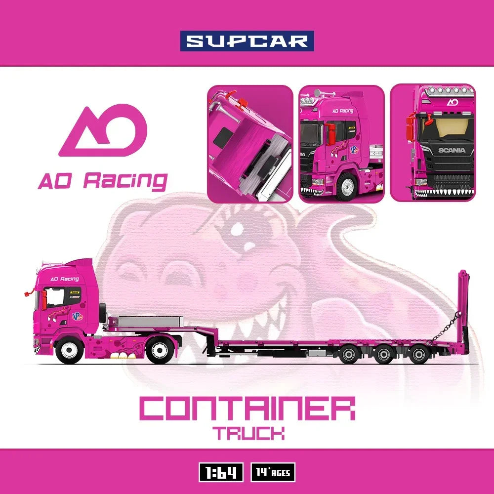 Premium scale diecast model car – *PRE-ORDER* Scania Flatbed Transport Vehicle - Tyrannosaurus Rex, 1:64 Scale (Pink) Collectible