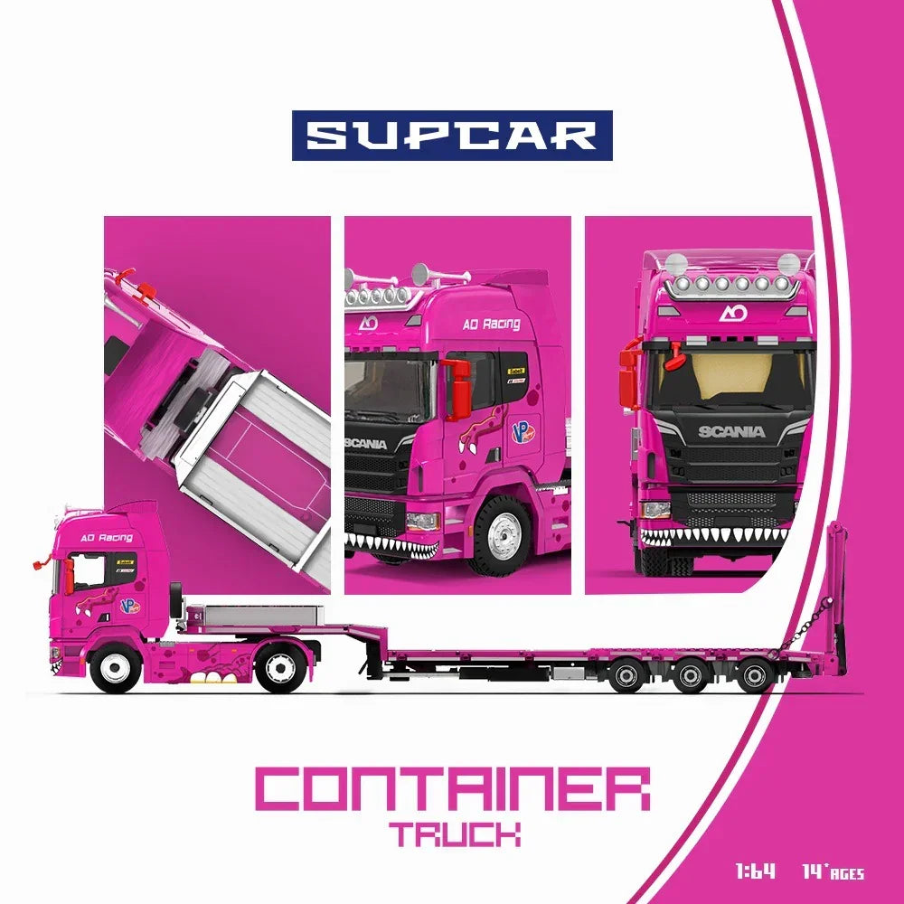 Premium scale diecast model car – *PRE-ORDER* Scania Flatbed Transport Vehicle - Tyrannosaurus Rex, 1:64 Scale (Pink) Collectible