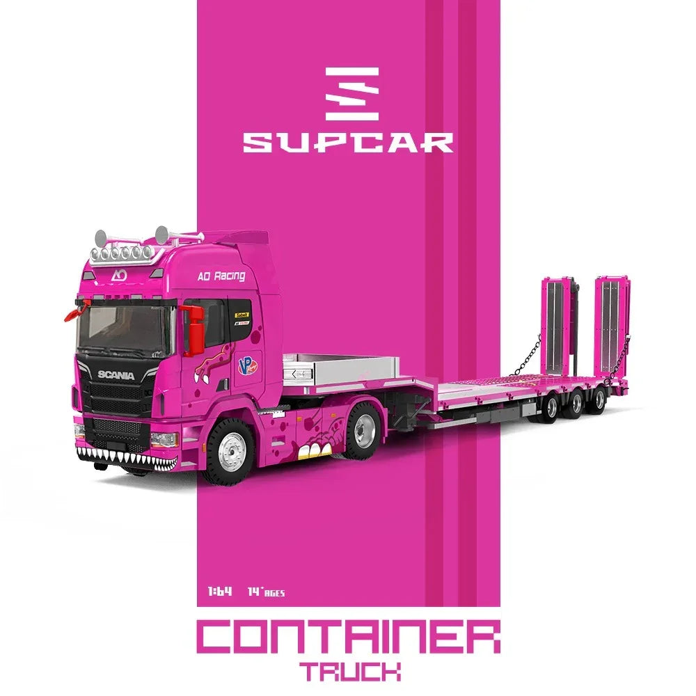 Premium scale diecast model car – *PRE-ORDER* Scania Flatbed Transport Vehicle - Tyrannosaurus Rex, 1:64 Scale (Pink) Collectible