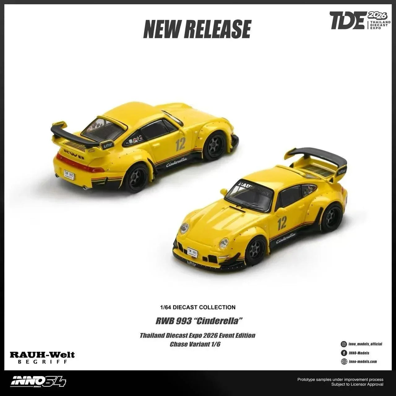 Premium scale diecast model car – *TDE 2026* Porsche RWB 993 Yellow Cindrella Livery (Chance of Chase Car), 1:64 Scale Collectible