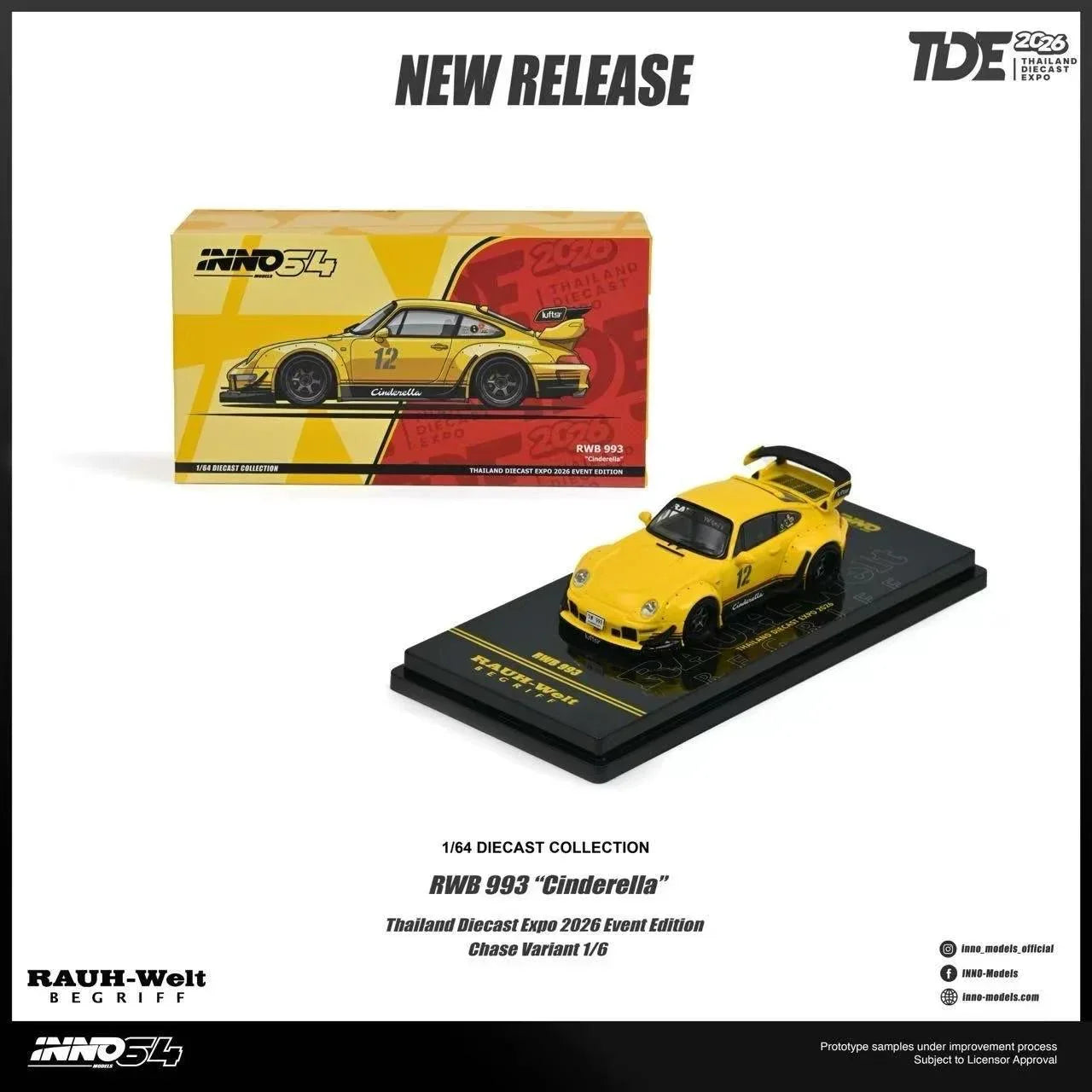 Premium scale diecast model car – *TDE 2026* Porsche RWB 993 Yellow Cindrella Livery (Chance of Chase Car), 1:64 Scale Collectible