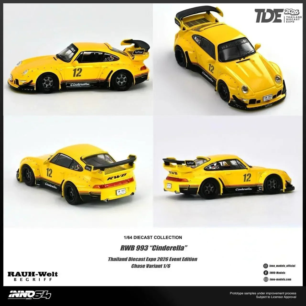 Premium scale diecast model car – *TDE 2026* Porsche RWB 993 Yellow Cindrella Livery (Chance of Chase Car), 1:64 Scale Collectible