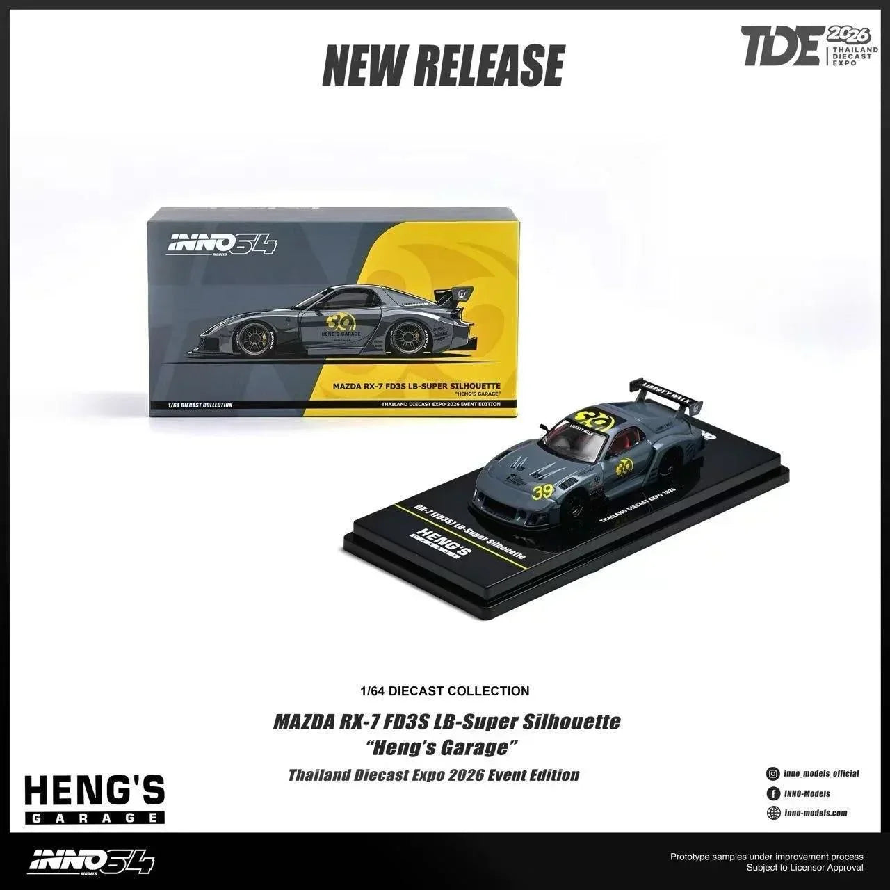 Premium scale diecast model car – *TDE 2026* Mazda RX-7 FD3S LB Super Silhouette Heng's Garage (Chance of Chase Car), 1:64 Scale Collectible