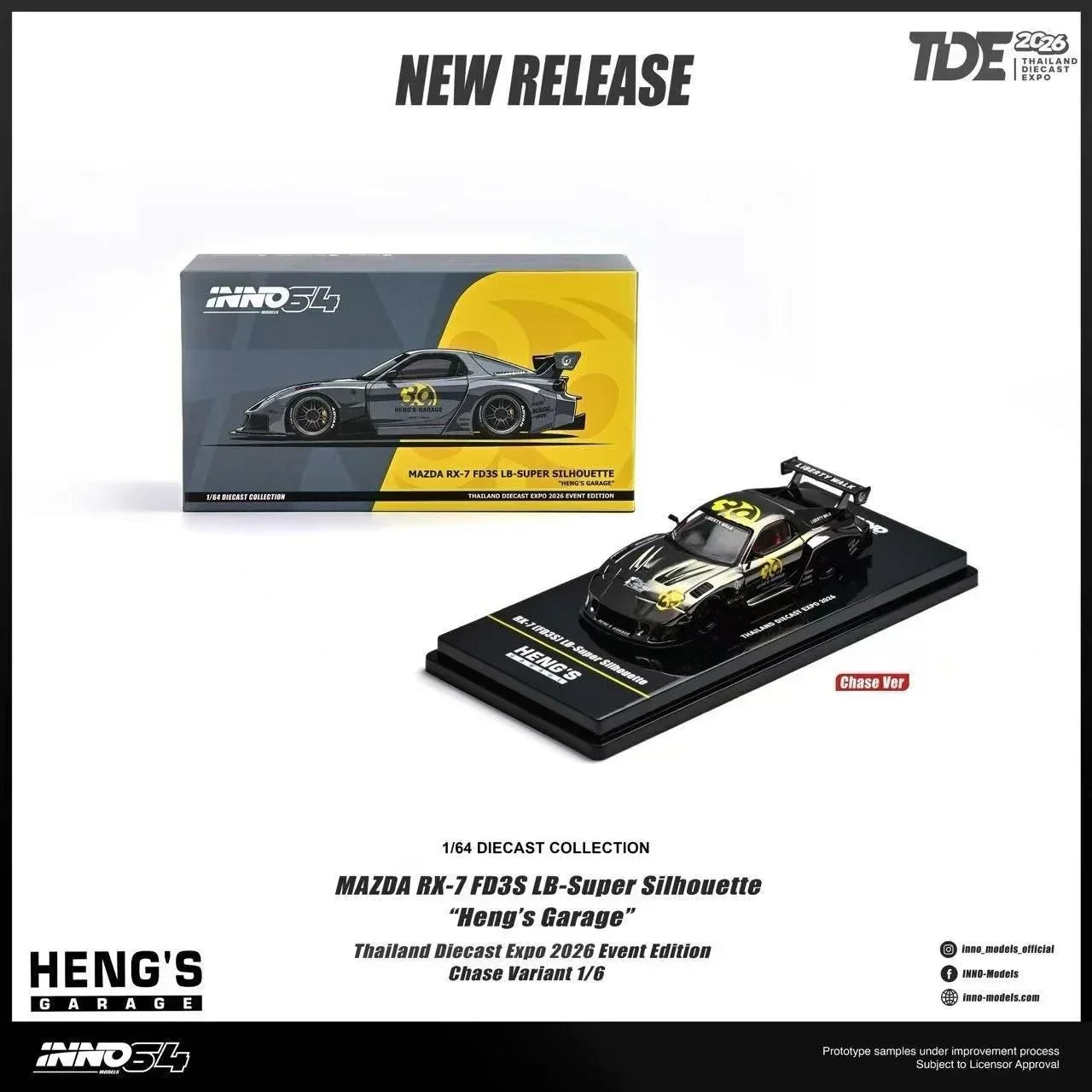 Premium scale diecast model car – *TDE 2026* Mazda RX-7 FD3S LB Super Silhouette Heng's Garage (Chance of Chase Car), 1:64 Scale Collectible