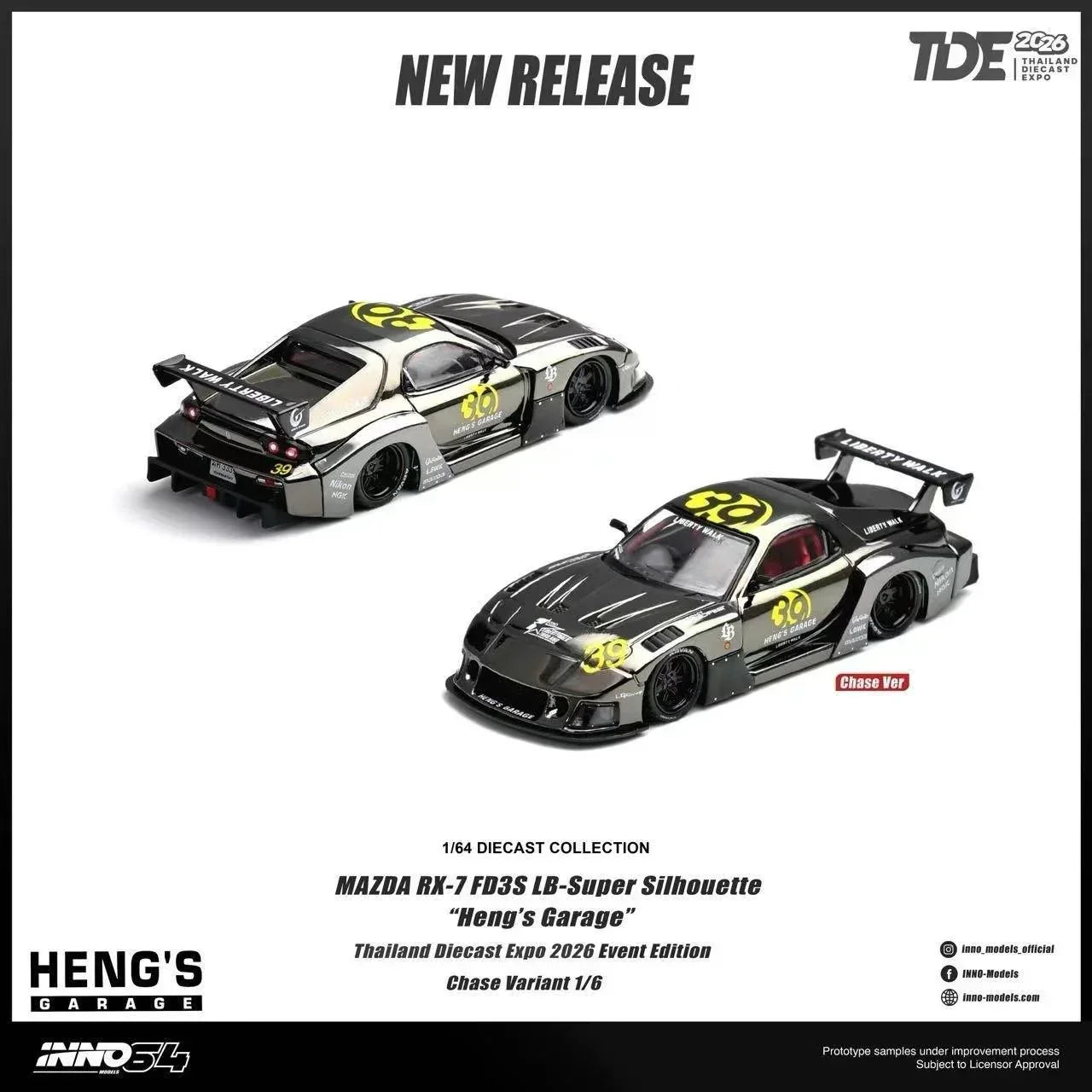 Premium scale diecast model car – *TDE 2026* Mazda RX-7 FD3S LB Super Silhouette Heng's Garage (Chance of Chase Car), 1:64 Scale Collectible